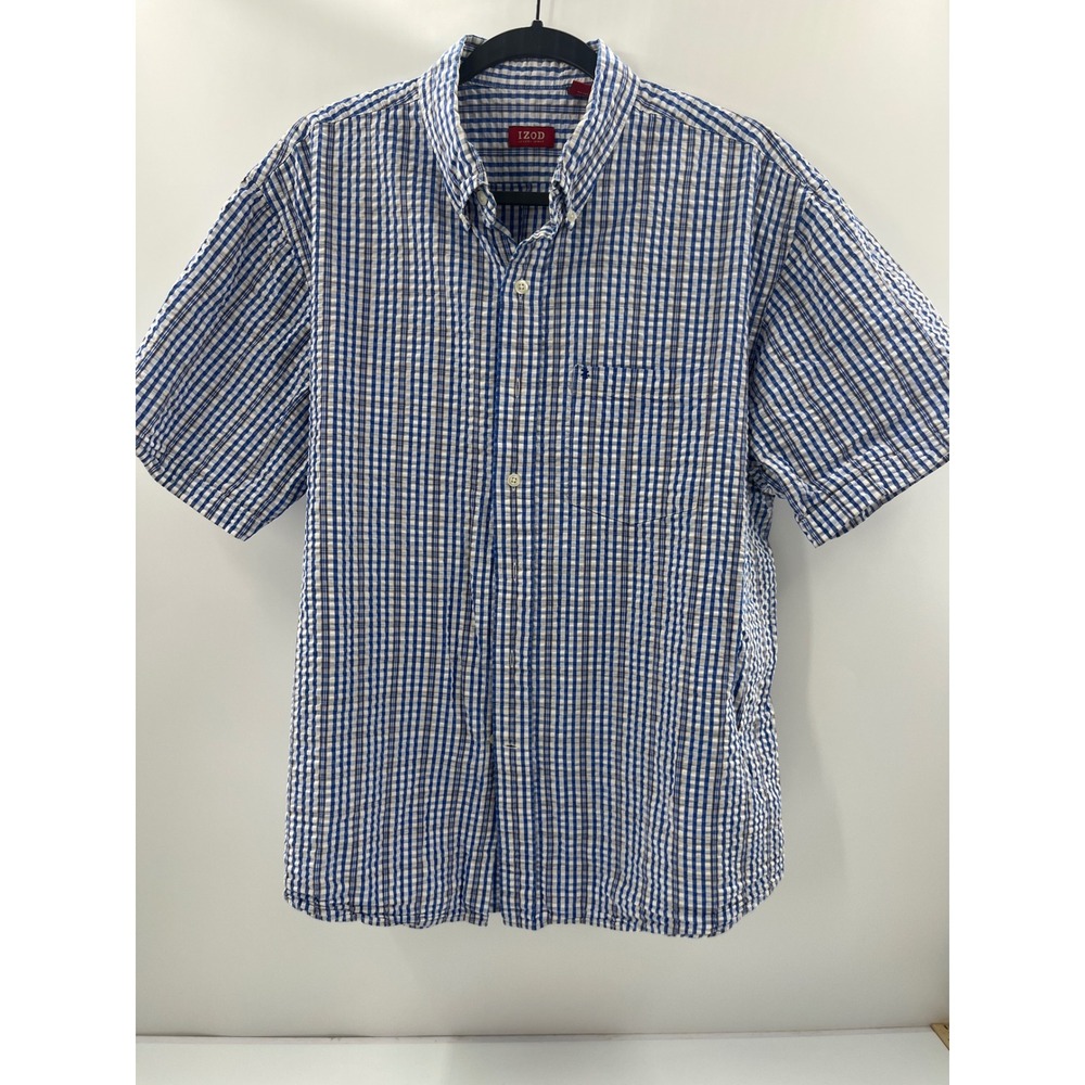 IZOD Luxury Sport Mens Large Blue Gingham Plaid Short Sleeve Button Down Shirt